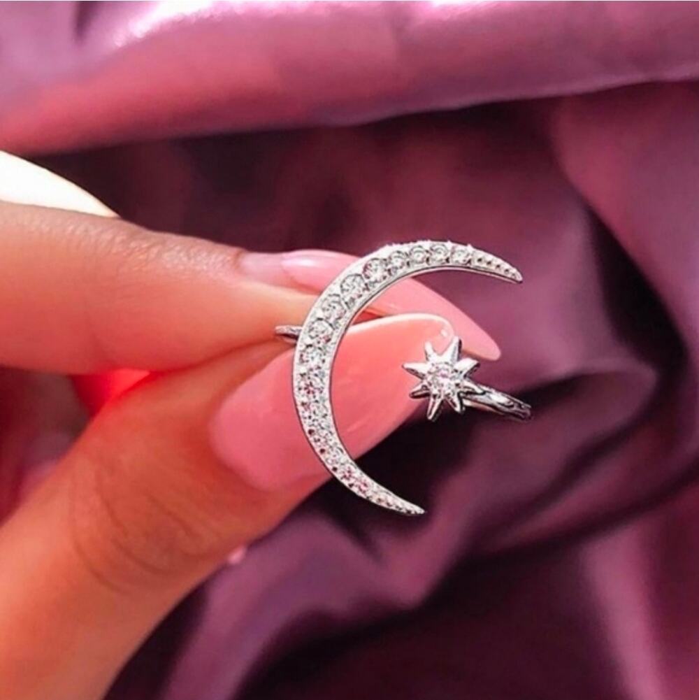 Adjustable Sparkling Silver Moon Star Ring